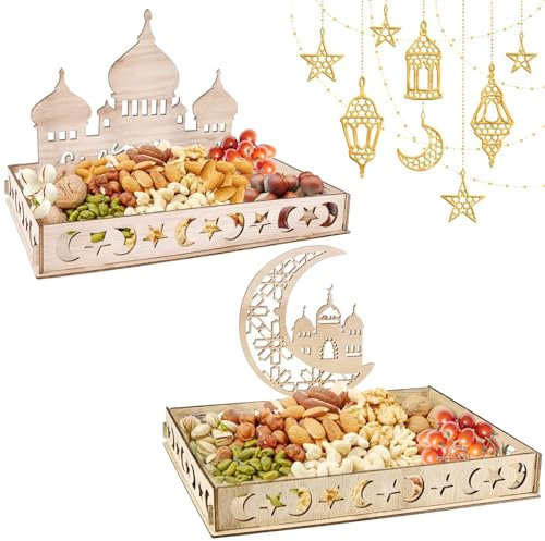 Coffee Life Plus 2pcs Eid Mubarak Teller Holz Tablett,Ramadan Holz Tablett,Dessert Tablett Holz Teller Mond Und Stern Muster,Ramadan Essen Dessert Tablett,Eid Mubarak Dekoration für Geschirr (B)
