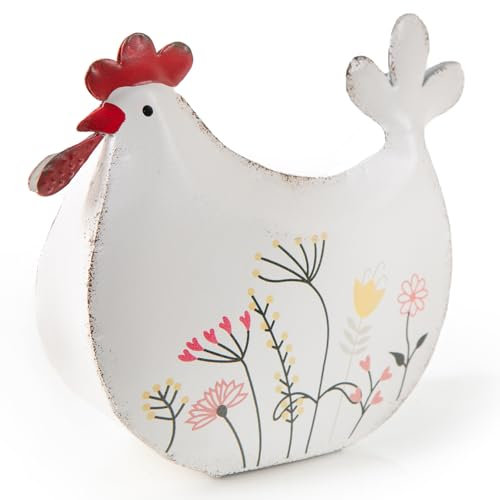 Logbuch-Verlag Metall Henne weiß mit Blumenmuster Huhn Hühnerfigur Osterdeko zum Hinstellen 13,5 x 15 cm