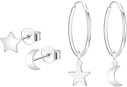 Hinvan 2 Pairs 925 Silber Ohrringe Stern und Mond für Damen Mädchen Herren, Ohrringe Hängend Silber, Ohrstecker Stern Silber 925, Creolen Kleine Ohrstecker Damen Silber