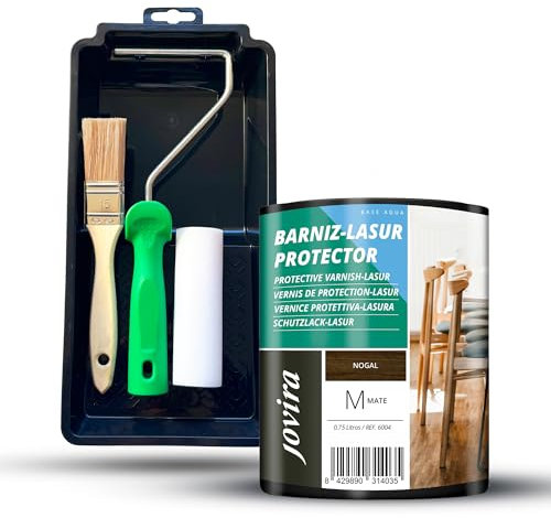 JOVIRA PINTURAS BARNIZ-LASUR Protector Mate al Agua y Kit con Minicubeta, Rodillo de Espuma, Varilla y Paletina. (750 Mililitros, Nogal + Kit Barniz-Lasur)