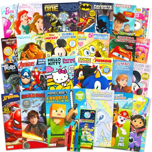 Malbücher für Kinder im Alter von 4–8 Jahren, 24 lizenzierte Malbücher für Jungen, Mädchen, Bündel mit Seiten in voller Größe, Buntstiften, Aufklebern, Spielen, Puzzles und mehr (keine Duplikate), 24