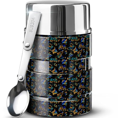 17 OZ Soup Thermo for Hot & Cold Food for Kids, Vacuum Insulated Steel Lunch Container, Kids Wide Mouth Bento Thermal Food Jar, Warm Food Lunchbox Thermo Bowls with Spoon (Black Gamepad)