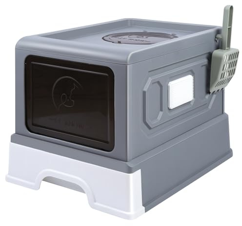 Grande Maison de Toilette Chat Pliable,Bac de Tiroir et Pelle à Litière,Portable,Bac à Litière Fermé Compartiment Inférieur Amovible pour Un Nettoyage Facile 38 * 50 * 38cm-Gris