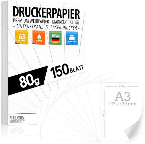 Druckerpapier weiß A3 – 150 Blatt - PREMIUM PAPIER Reinweiß 80g - DIN - Kopierpapier, Laserdrucker & Tintenstrahl für Uni, Fotografie, Präsentationen, Basteln - Kopiergeräte - MADE IN GERMANY