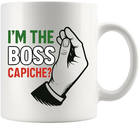 Panvola Mug en céramique avec inscription « I'm The Boss Capiche Italian Italy » de la part d'un citoyen italien pour mari, épouse, petit ami, petite amie, grand-père, grand-mère, 325 ml - Blanc
