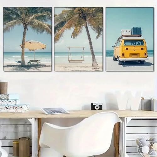 3er Set Strand Ozean Palme Poster Set, Kokosnussbäume und Autos Summer Vibes Poster Set, Hawaii Vintage Summer Aesthetic Hawaii Poster Strand Bilder (30x40cm)