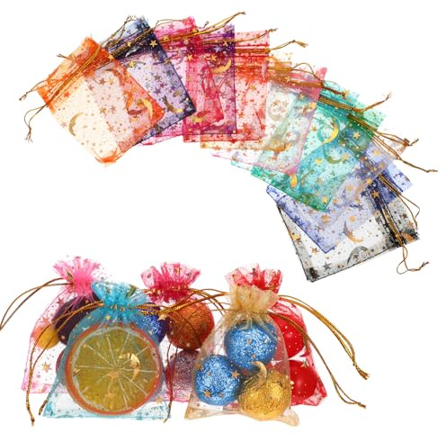 JJUNW 120 Stück Organzasäckchen, 10 Farben Organzabeutel mit Kordelzug | 9x7cm Geschenksäckchen Kleine Säckchen für Hochzeiten Süßigkeiten Schmuck Kristalle Geburtstage Gastgeschenke Bastelarbeiten