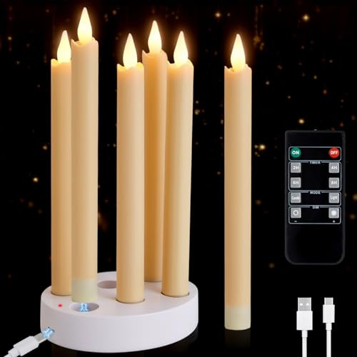 IMAGE 6 PCS Rechargeable Flameless Taper Candles with Charging Station, LED Flickering Candlesticks with Remote & Timer, Perfect for Home/Wedding/Christmas Decor, 9.17 * 0.82Inch