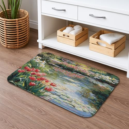 Spring Garden Floral Quick Dry Bath Mat, Colorful Tulips and Water Lilies Absorbent Non Slip Shower Mat, Artistic Memory Foam Washable Bath Rugs for Bathroom Restroom Decorative 20x32 Inch