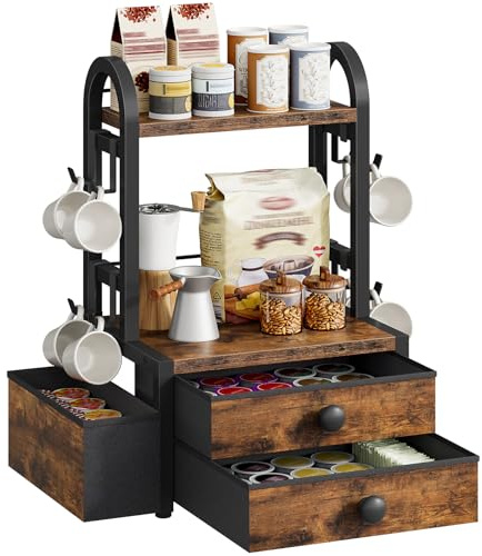 HOOBRO Coffee Tea Station Organizer, Cup Holder Stand for Kitchen, Office | Coffee Cup Holder with 8 Hooks and 2 Drawers, Coffee Tea Organiser for Coffee Pods, Syrup, Tea Bags, Rustic Brown and Black