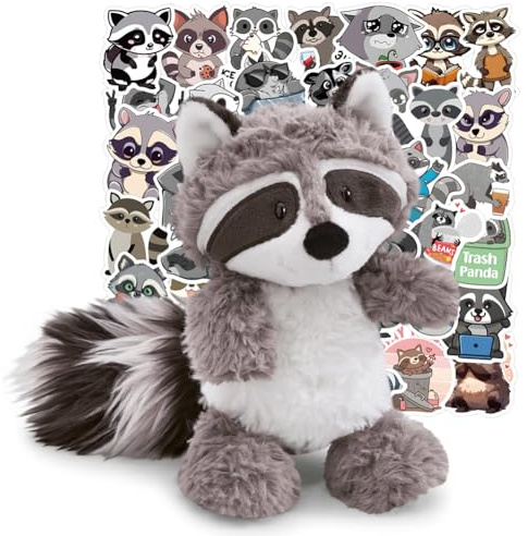 JynxtoyZeal 28cm Realistischer Waschbär Plüschtier, 60pcs Waschbären Aufkleber, Kuscheltier für Freunde und Kinder