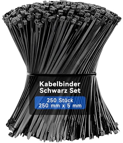 Lamondre 250 Stück kabelbinder schwarz, kabelbinder wiederverschließbar 250mm x 5mm,Nylon UV-Beständig