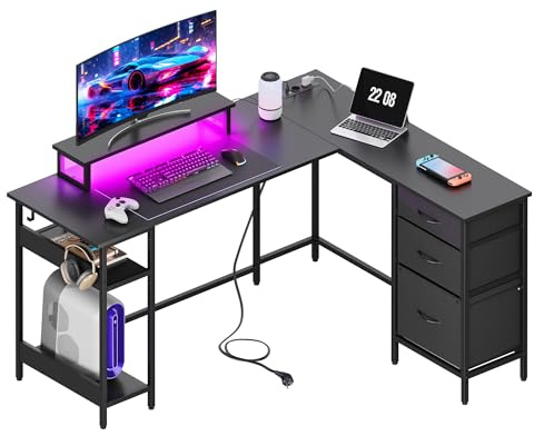 DEVAISE Bureau d'angle en L 140 x 120 cm avec Tiroirs avec Prises, LED et Étagères de Rangement, Table pour Gaming, Bureau et Télétravail, Noir