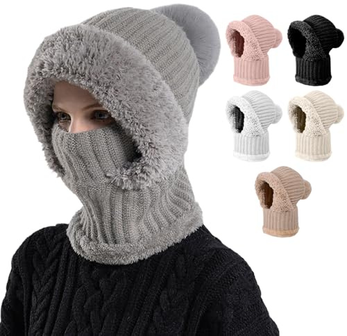 3-In-1 Sturmhauben Mütze Mit Schal Und Maske, Strickmütze für Damen im Herbst und Winter, BalaclavaDamen, Schalmütze Damen, Winddichter Nackenwärmer Für Radfahrer, Für Täglich und im Freien (Grau)