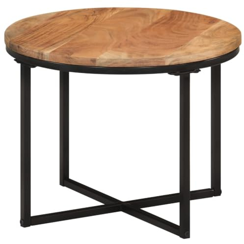 QUAHEAS Table basse 45 x 45 x 35 cm - Bois massif d'acacia - Finition naturelle - Pieds en fer noir - Table de salon robuste pour collations et décoration