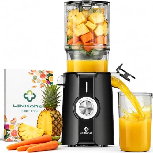 LINKChef Slow Juicer Entsafter Elektrisch, 200W Kaltentsafter mit 115mm Einfüllschacht für Ganze Früchte, 1,2L Entsafter Gemüse und Obst Testsieger, Leicht zu reinigen, Inkl. Saftrezepte,Tech-Schwarz