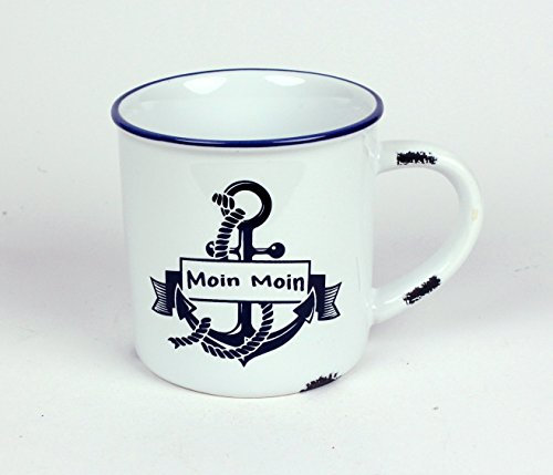 Moin Moin Anker Kaffeebecher Kaffeepott weiß BLAU Rusty Emaille-Optik Tasse Becher