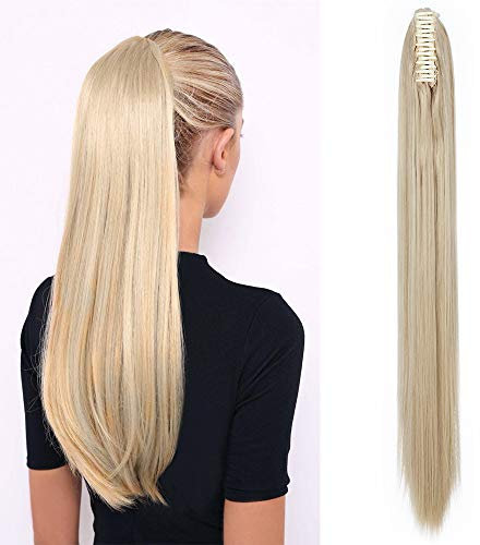 SEGO Postiche Queue de Cheval Pince - Extension Cheveux Queue de Cheval Blond - Fausse Rajout Cheveux Queue de Cheval Elastique - 66 CM Ash Blond Mèche Blond tres Clair