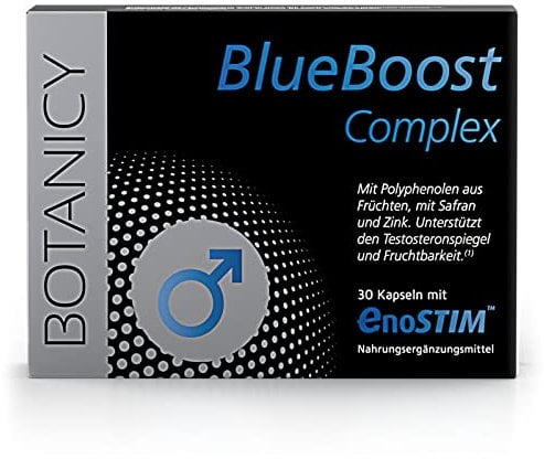 BOTANICY Blue Boost Complex - mit Safran, OPC, Maca, Zink, Ginseng, L-Arginin, Selen und Vitamin B6, für männliche Vitalität, Potenz und Libido (30 Kapseln, Monatspack)
