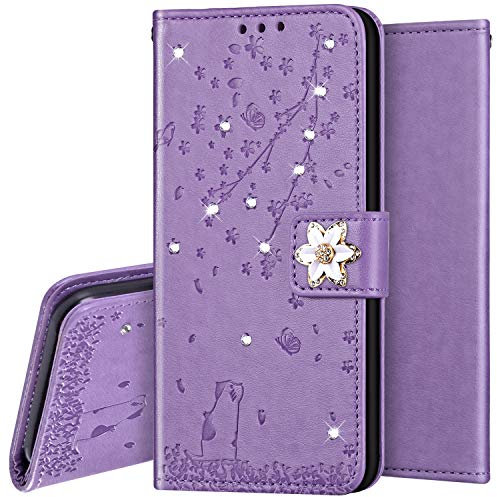 Surakey PU Leder Hülle für Samsung Galaxy A5 2016 Handyhülle Schutzhülle Strass Diamant Glänzend Bling Glitzer Kirschblüte Blumen Muster Tasche Leder Flip Case Brieftasche Klapphülle Handytasche, Lila