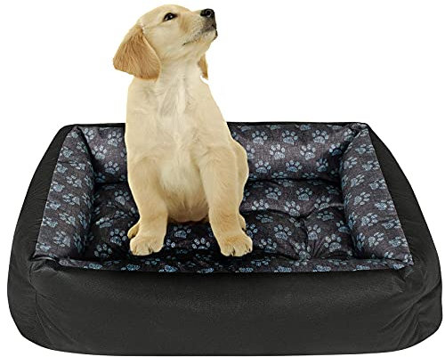 SuperKissen24. Hundebett Hundekorb Hundesofa Tierbett für Kleine, Mittlere und Grosse Hunde - Waschbar - Größe M - Schwarz und Grau - Pfoten aus flachs