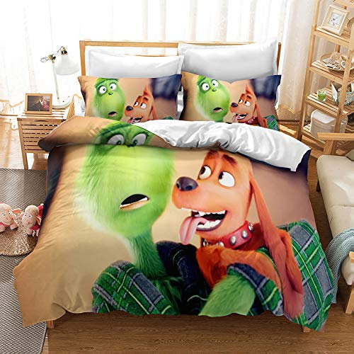 NICHIYO The Grinch Bettwäsche-Set – Bettbezug und Kissenbezug, Mikrofaser, 3D-Digitaldruck, dreiteilige Bettwäsche (Bettbezug + Kissenbezüge) (10, Einzelbett 135 x 200 cm)