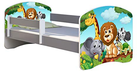 ACMA Kinderbett Jugendbett mit Matratze Grau mit Rausfallschutz Lattenrost II Spielbett Kinderzimmer Möbel (02 Animals, 140x70)