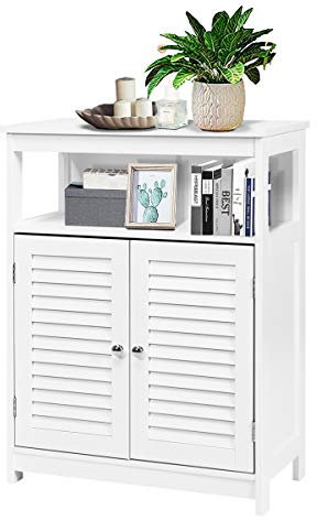 GOPLUS Meuble de Salle de Bain sur Pieds, Armoire de Rangement avec 2 Portes à Volets et Étagère Réglable, Placard Ouverte, Convient pour Cuisine,Salon, 60x30x80CM(Blanc)