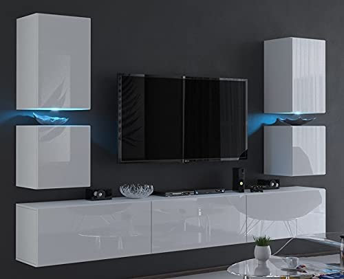 Furnitech Wohnwand Wohnzimmer | Wohnzimmer Möbel mit LED RGB - 16 Farben | Hängend Wohnwand Modern | Wohnzimmer Schrankwand mit Regale und TV Schrank (C75-HG-W2 1A Weiß)