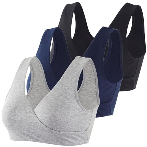 Topwhere Women's Cotton Wireless Sleep Bra for Nursing and Maternity (Black+Grey+Navy Blue, M)