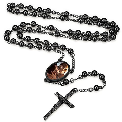 FaithHeart schwarz Rosenkranz Halskette mit Foto Gravur Personalisierte Rosenkranz Kette mit Geschenkebox für Muttertag Valentinstag