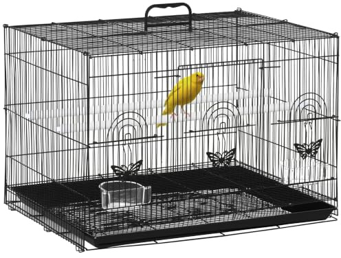 PawHut Jaula para Pájaros 60x41x41 cm Pajarera de Metal Negro | Comederos, 2 Perchas, 3 Puertas y Asa de Transporte, para Pájaros Pequeños, Canarios, Periquitos