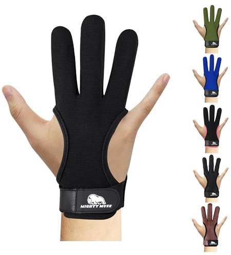 Mighty Musk Bogenschießen-Handschuh, echtes Leder, Fingerschutz für erfahrene Bogenschützer, Recurve-Pfeil, Bogen, schützender Erwachsenenanfänger, schwarzer 4-Wege-Stretchstoff (schwarzer