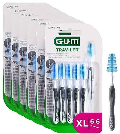 GUM TRAV-LER Spazzole interdentali, per una pulizia accurata di tutti gli spazi interdentali, collo pieghevole, pulizia dei denti e rimozione della placca, 6 x 6 pezzi (misura ISO 7, 2,6 mm)
