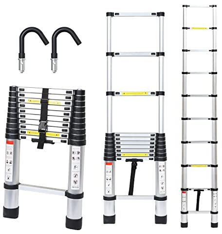 Ikodm Scala telescopica in alluminio con gancio rimovibile 3,8 m, scala allungabile, in alluminio antiscivolo, scala multiuso allungabile, portata 150 kg