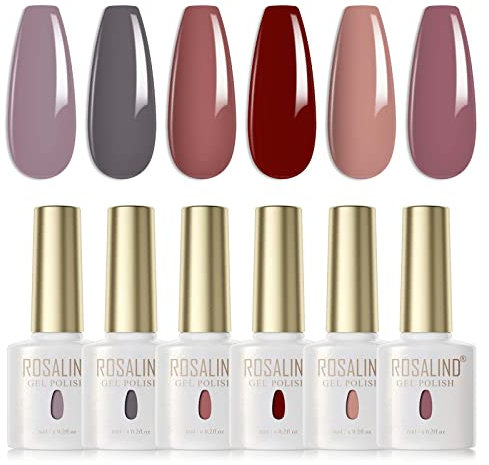 ROSALIND Esmaltes Semipermanentes Gris Rojo 6 Colores Kit Pintauñas Semipermanentes Uñas de Gel UV LED Esmaltes en Gel Nail Polish Esmalte Uñas Colores de Otoño e Invierno