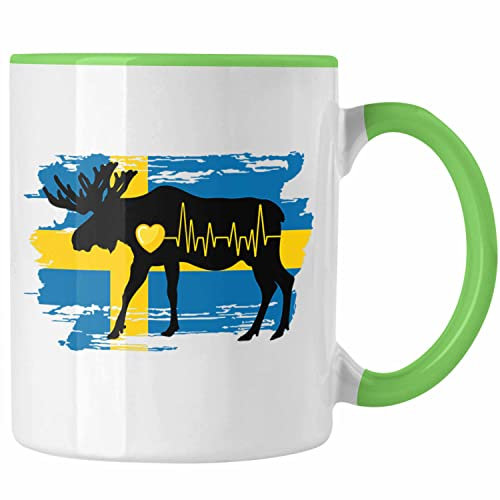 Trendation - Schweden Elch Herzschlag Tasse Geschenk für Schweden-Fans Hobby Geschenkidee (Grün)