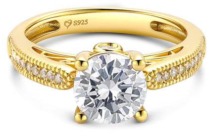 Jeulia Damen-Ring aus Sterlingsilber: Zirkonia vergoldet, Verlobungsring, Diamant-Bandring für Frauen und Mädchen, Ring, Partyschmuck, personalisiertes Jubiläumsgeschenk (Gelbes Gold, 68(21.8))