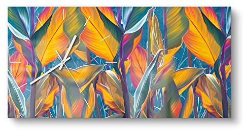 DEQORI Glasuhr | vertikal 60x30 cm | Motiv Exotisches Blättermeer | große XXL Design Uhr aus Glas | leise Wanduhr für Wohnzimmer & Küche | Moderne Hingucker Uhr für die Wand