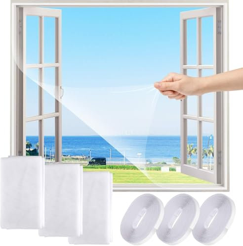 FLYZZZ 3 Pack Fliegengitter für Bodentiefe Fenster,Weiß Fliegengitter Balkontür Selbstklebend,130X150cm Insektenschutz Fenster ohne Bohren (weiß, 130X150cm 3 Packung)