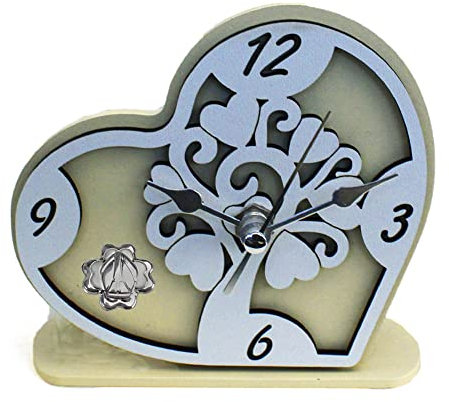 DLM34404 Orologio Cuore con con Albero della Vita in Rilievo Legno Quadrifoglio Santa Cresima da Scrivania bomboniera