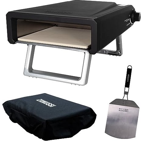 Zanussi ZGPO1PC - Paleta portátil para horno de pizza de gas de 12 pulgadas y cubierta impermeable en negro, máquina de pizza de gas, horno de barbacoa, patas plegables de acero inoxidable