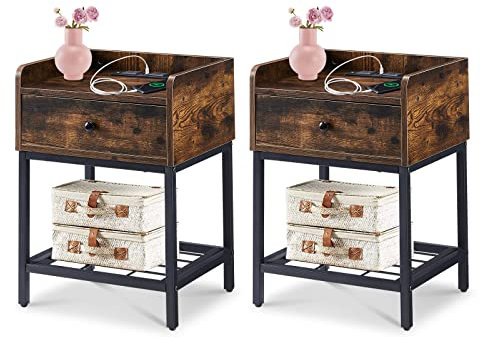 LEMROE Bedside Table with Power Sockets & USB Ports Wood Nightstand Set of 2 with Metal Frame End Table with Drawer and Storage Tray for Living Room Bedroom (oak-2PCs)