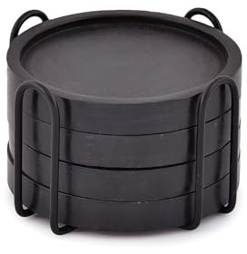 Indus Lifespace Holzuntersetzer für Getränke, Kaffeetisch, runde Getränkeuntersetzer mit Halterung für Tischschutz, Set von 4 (10,16 cm x 10,16 cm x 1,27 cm) (schwarz)