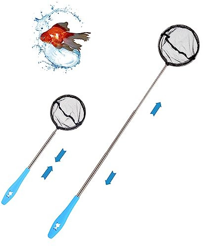 Runder Kescher Fischnetz,Aquarienkescher mit Teleskopstiel, aus rostfreiem Stahl, zum Fangen von kleinen Fischen und Garnelen und zur Reinigung des Aquariums(Blau)