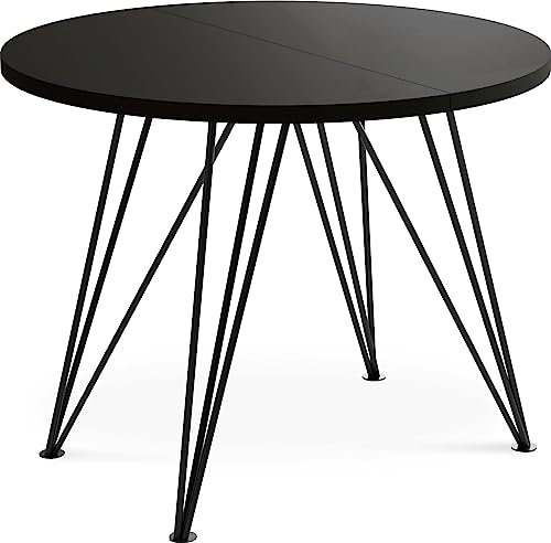 WFL GROUP Runder Ausziehbarer Esstisch - Loft Style Tisch mit Metallbeinen - 120 bis 200 cm - Industrieller Rund Tisch für Wohnzimmer - Spacesaver - 120 cm - Schwarz