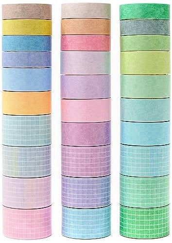 MAGLITT Washi Tape Set mit 30 Rollen Masking Tape, dekoratives Klebeband für Scrapbooking, Handwerk, Basteln (Solid Colors & Grid)