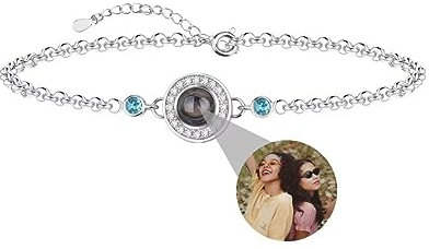 Liskanap Photo Bracelet Custom Personalised Round Birthstone Projection with Picture, Magnify Memory Bracelets, Hidden Secret for Women Best Friend Friendship Silver Rose Gold