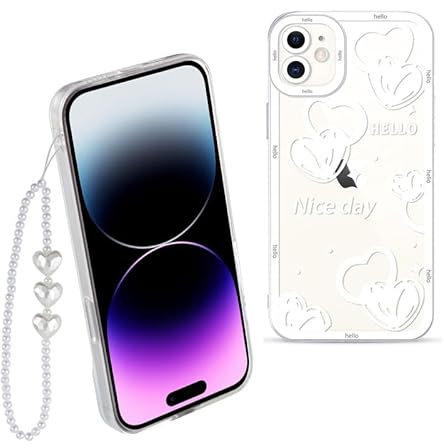 ZhuoFan Chaine Coque pour iPhone 11 6,1'' avec Bracelet, Aesthetic Perle Dragonne Antichoc Femme Housse Con Cordon, Transparent Silicone Étui de Protection pour iPhone 11, Amour 2