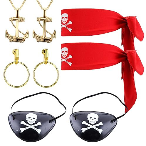 SKHAOVS 8 Stücke Captain Pirate Kostüm Zubehör Set, Piraten Kostümzubehör Set, Piratenkostüm Zubehör, Vintage Piraten Accessoires, Piraten Augenklappen, Piraten Kopftuch für Karneval Party